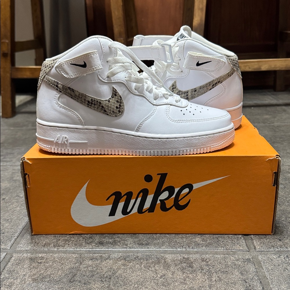 Nike Air Force 1 White High-Tops with Snake Print Swoosh